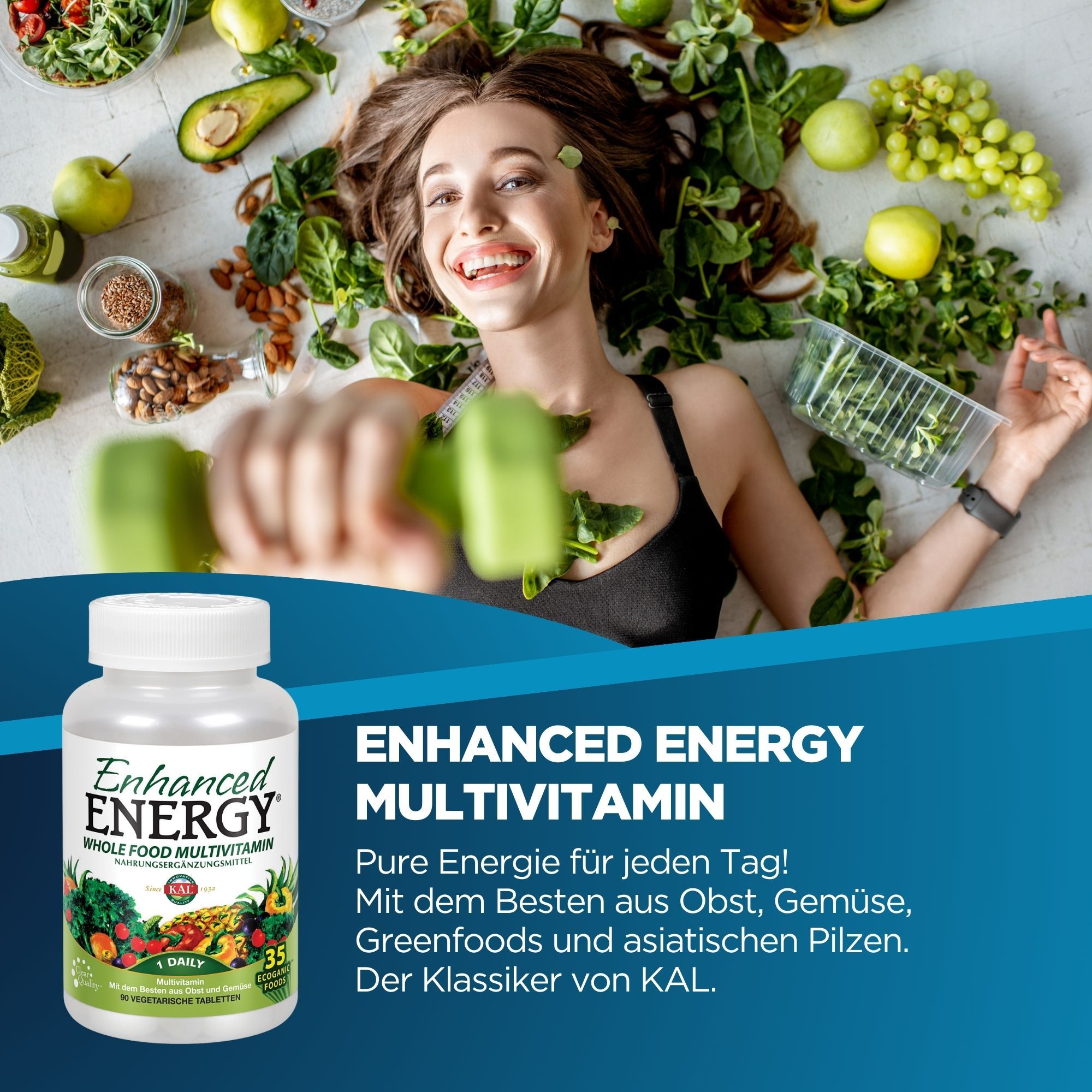 Eine Flasche Enhanced Energy Multivitamin. Aufschrift: Enhanced Energy, Whole Food Multivitamin. Frau mit Gemüse.