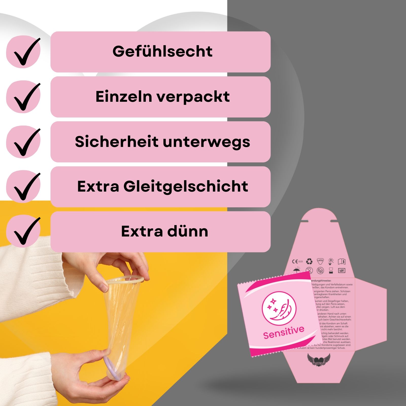 Kondom und rosa Verpackung. Text: "Gefühlsecht", "Extra dünn".