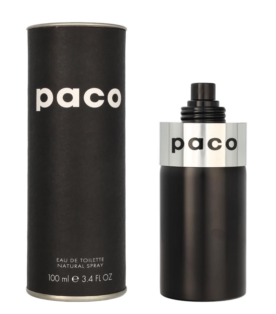 Schwarze Flasche und Verpackung. Aufschrift "paco". Flasche mit Zerstäuber. Verpackung mit "Eau de Toilette" und Volumenangabe.