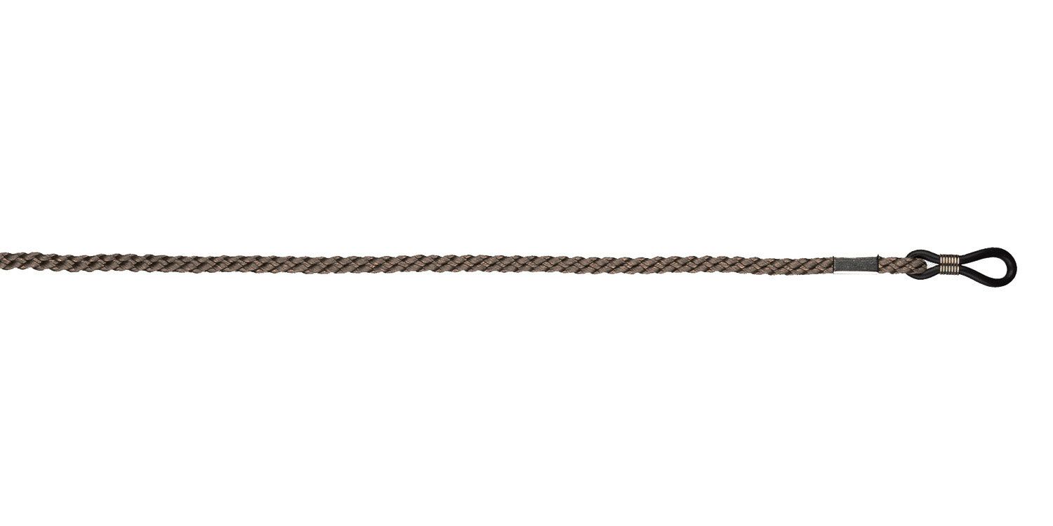 Brillenband, geflochten, schwarz-braun. Schlaufe zur Befestigung an Brillenbügeln.