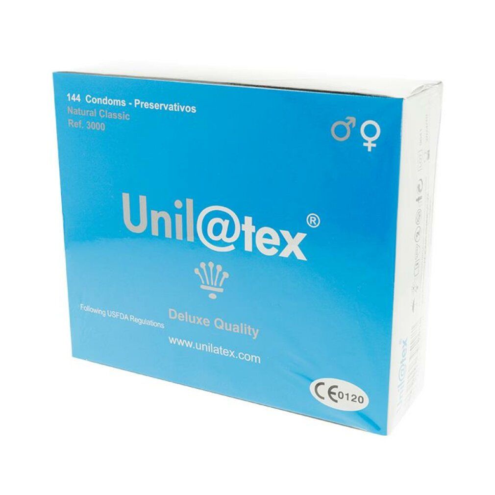 Blaue Schachtel von Unilatex. Aufschrift: 144 Kondome, Natural Classic, Deluxe Quality, CE-Kennzeichnung, Logo.