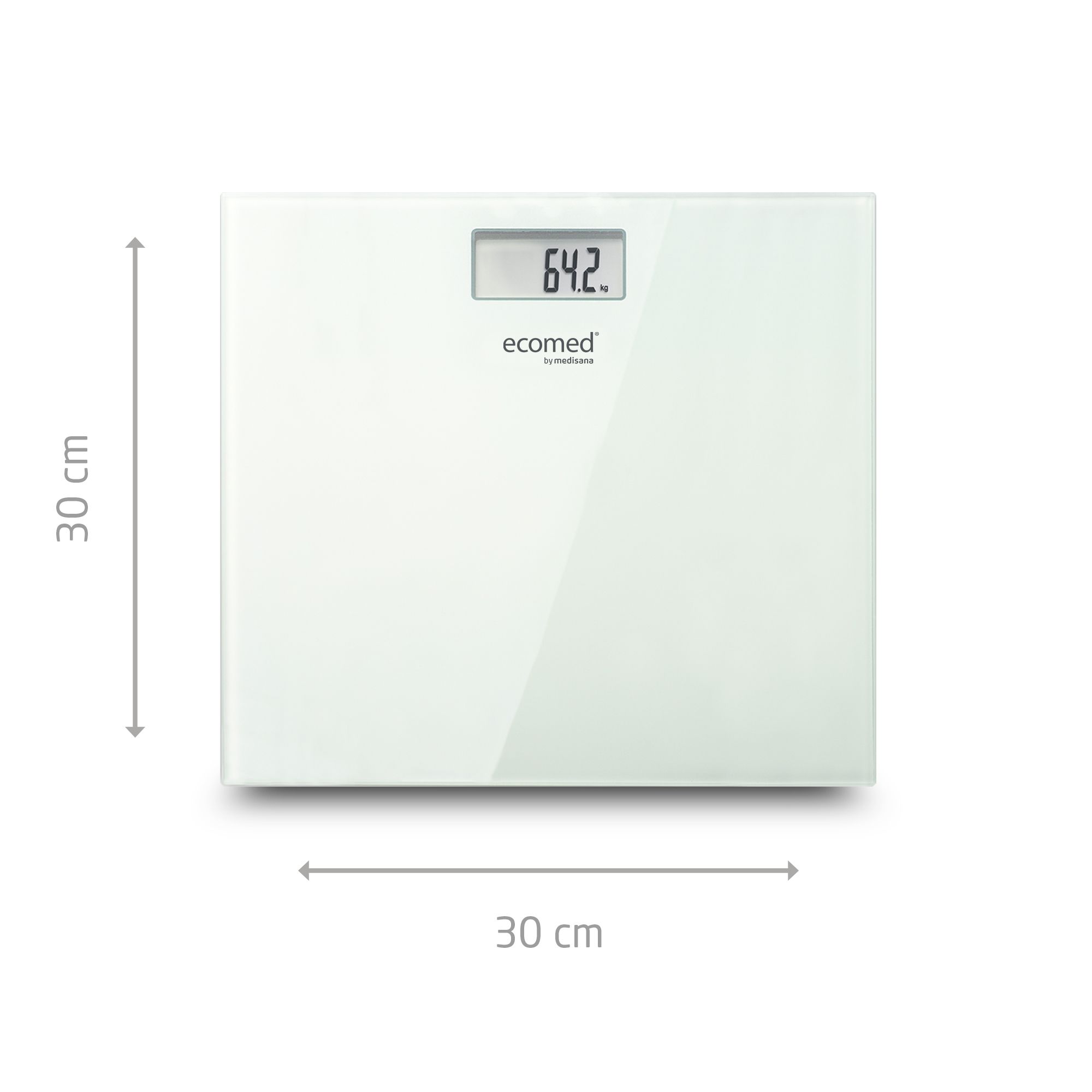 Weiße Glas Personenwaage (30x30 cm) mit digitaler Anzeige (64.2 kg).