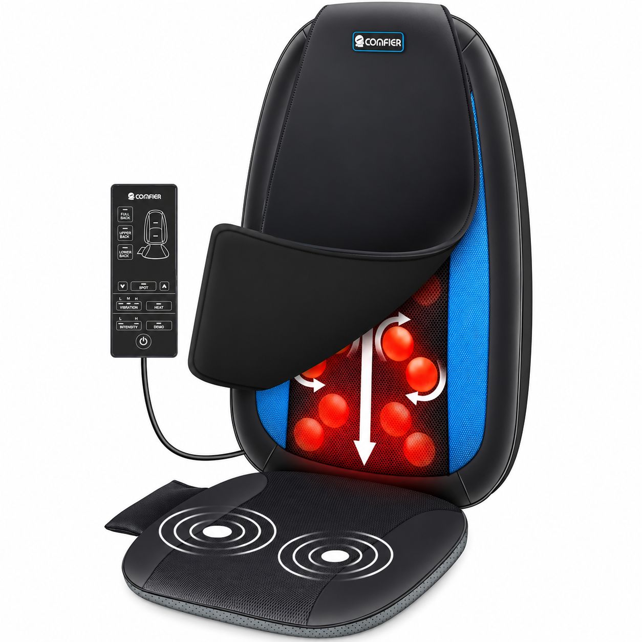 Schwarze Massageauflage mit 6 Massageknoten und Wärme.