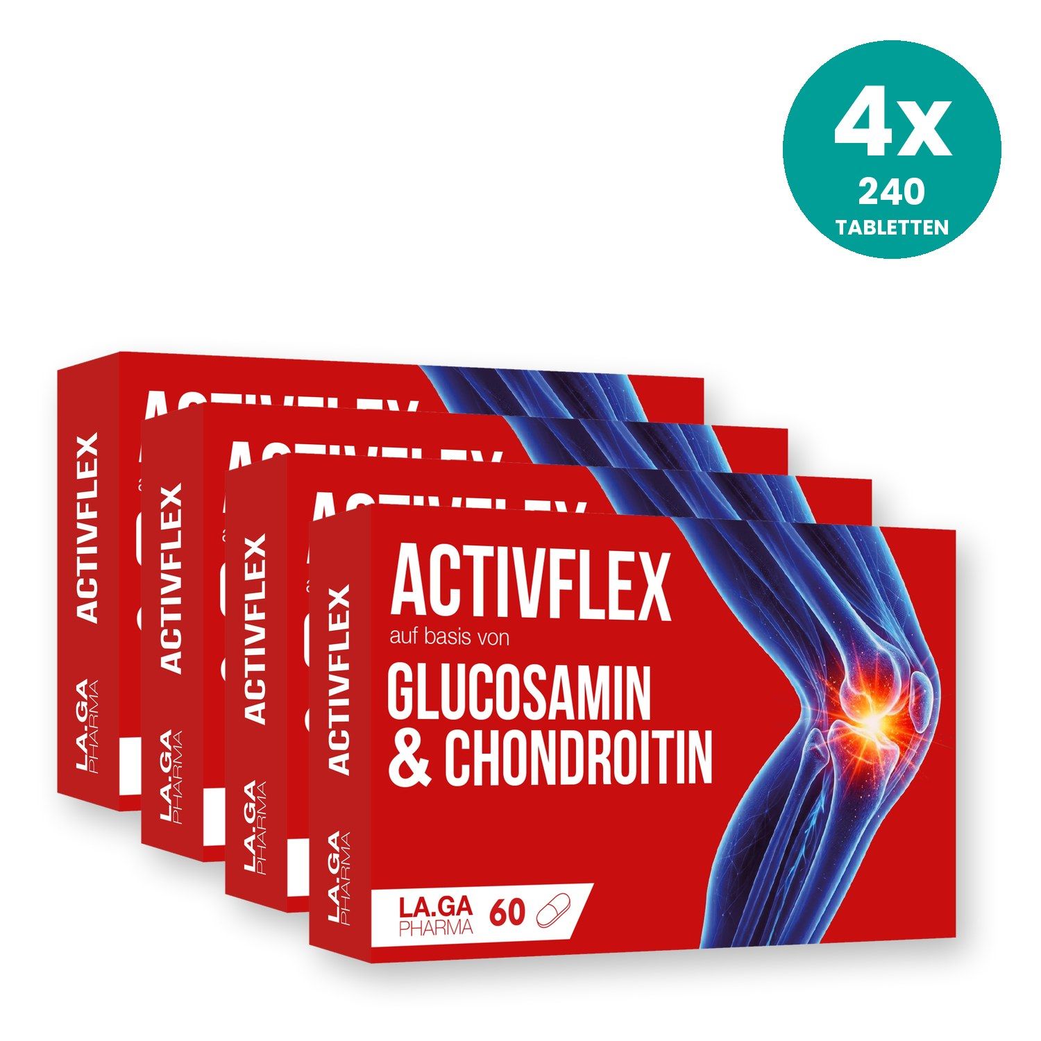 Vier Packungen ACTIVFLEX mit Glucosamin & Chondroitin, 240 Tabletten insgesamt.