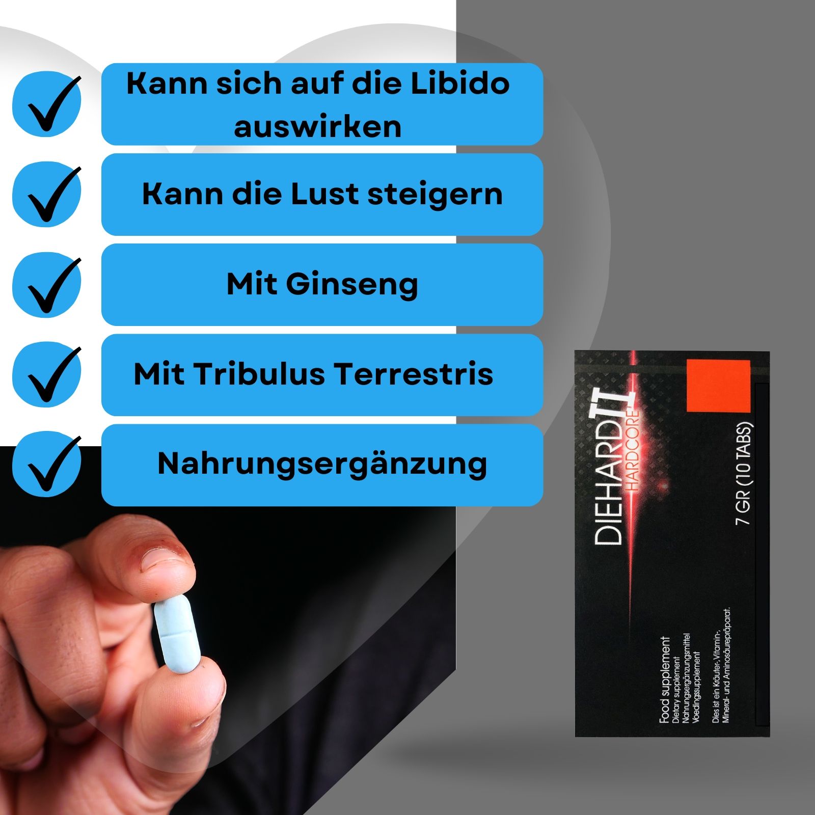 Produktverpackung und Tablette in Hand. Aufschrift: DIEHARD II HARDCORE, 7 GR (10 TABS).