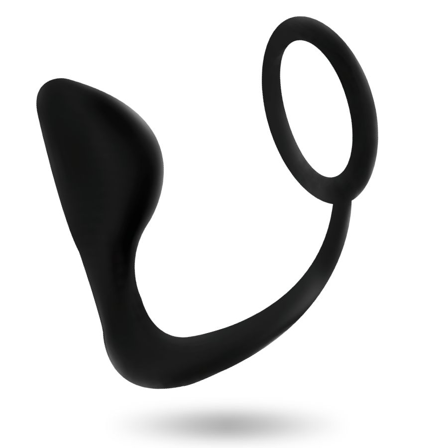 Schwarzer, flexibler Analplug mit Penisring aus Silikon.