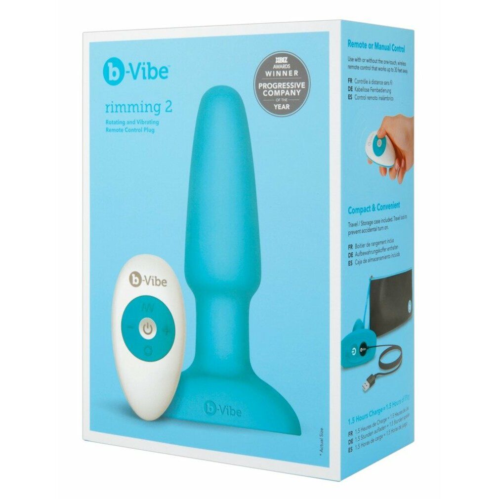 Türkisfarbener Analvibrator mit Fernbedienung und Verpackung. Aufdruck: B-vibe, rimming 2, Progressive Company.