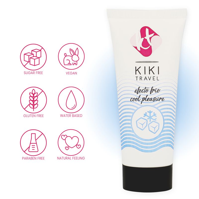 Tube mit KIKI TRAVEL Logo und Schriftzug „efecto frio cool pleasure“. Symbole: Zuckerfrei, vegan, glutenfrei, wasserbasiert, parabenfrei, natürlich.