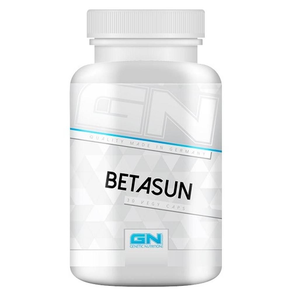 Weiße Flasche mit Schraubverschluss. Aufschrift: BETASUN, 30 Vegy Caps. Logo: GN. Text: QUALITY MADE IN GERMANY.