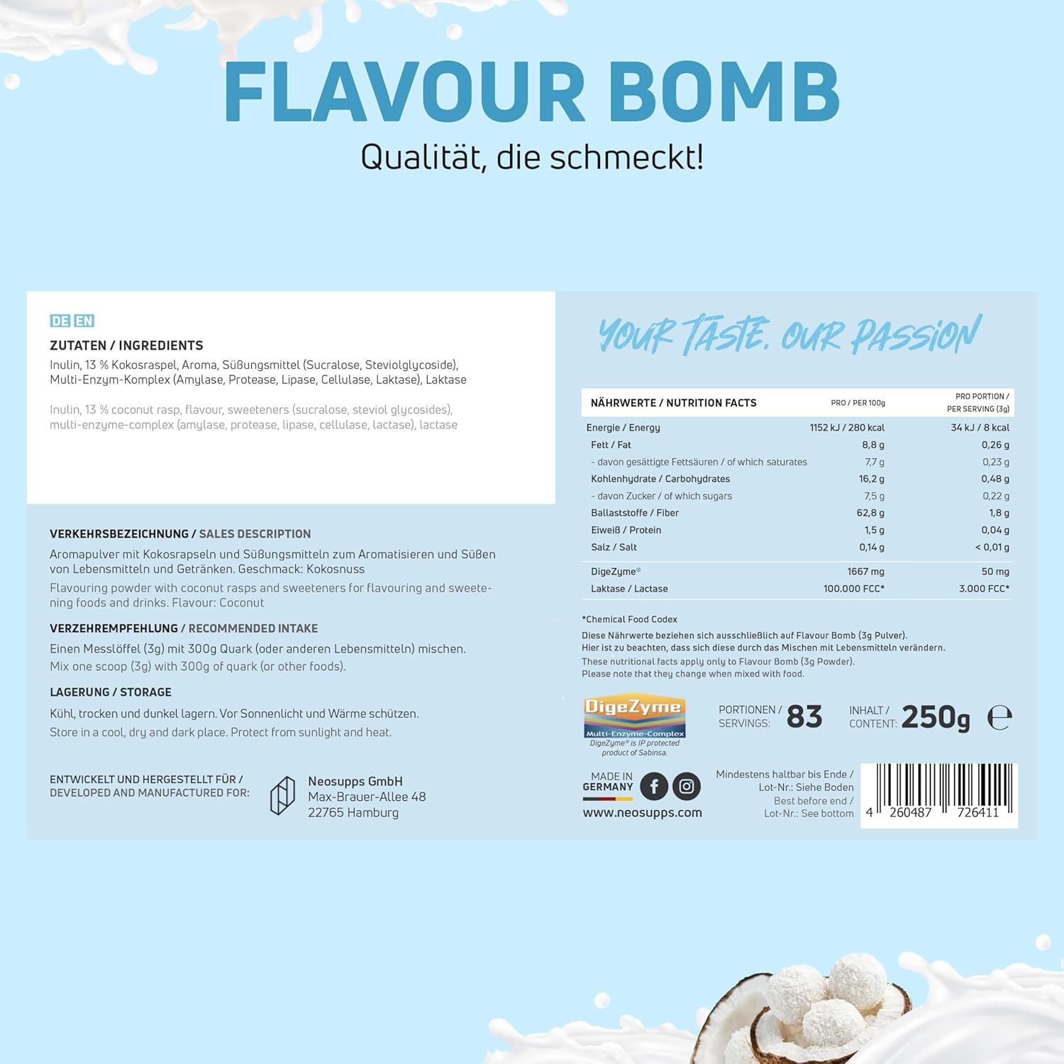 Produktverpackung mit Zutatenliste und Nährwertangaben. Text: FLAVOUR BOMB. Hergestellt in Deutschland. Vegan.