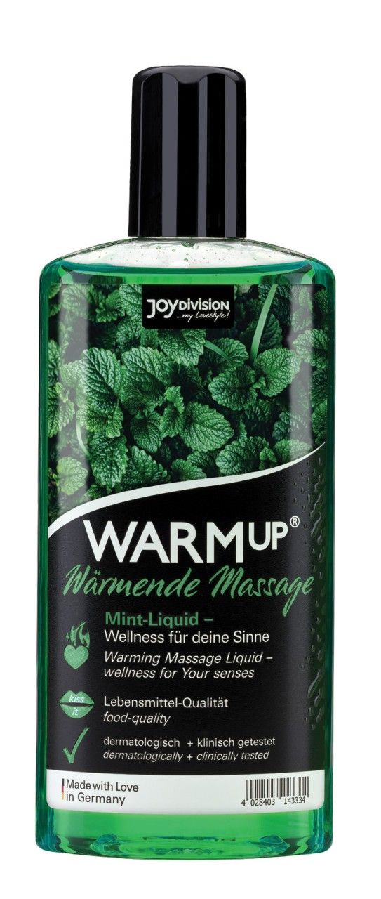 Grüne Flasche mit schwarzem Deckel. Aufschrift: WARMUP, Mint-Liquid. Marke: Joydivision. Grün gefüllte Flüssigkeit.