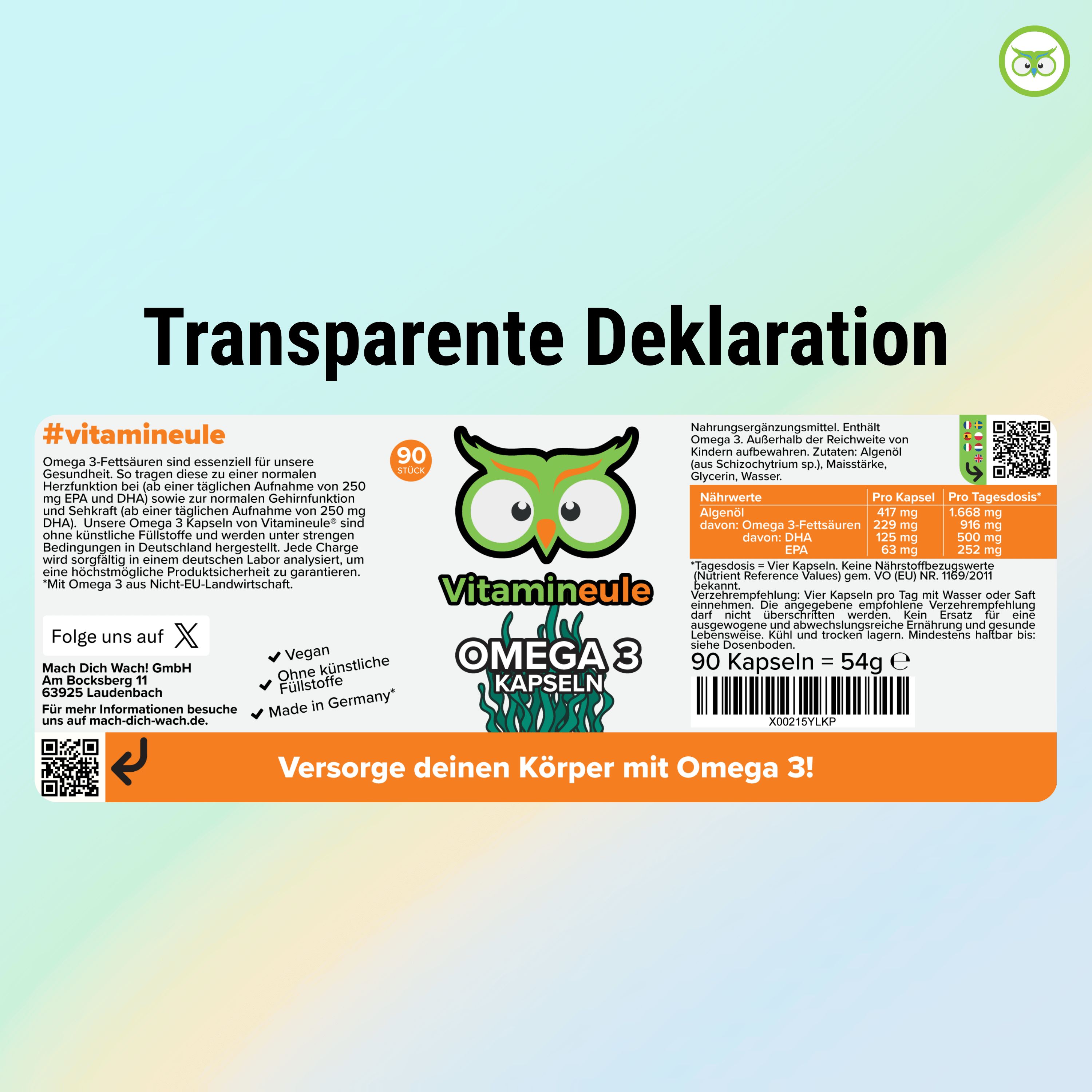 Etikett mit Text: Transparente Deklaration. Produktname: Omega 3 Kapseln. Logo: Vitamineule. Enthält Informationen zu Inhaltsstoffen, Nährwerten und Hersteller.