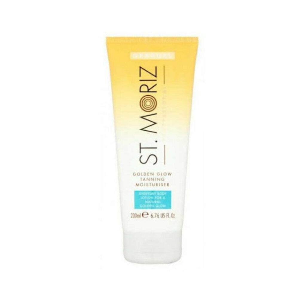 Tube mit St. Moriz Golden Glow Tanning Moisturiser. Gelb-weiße Farbverlauf, Produktname und Details. 200ml.