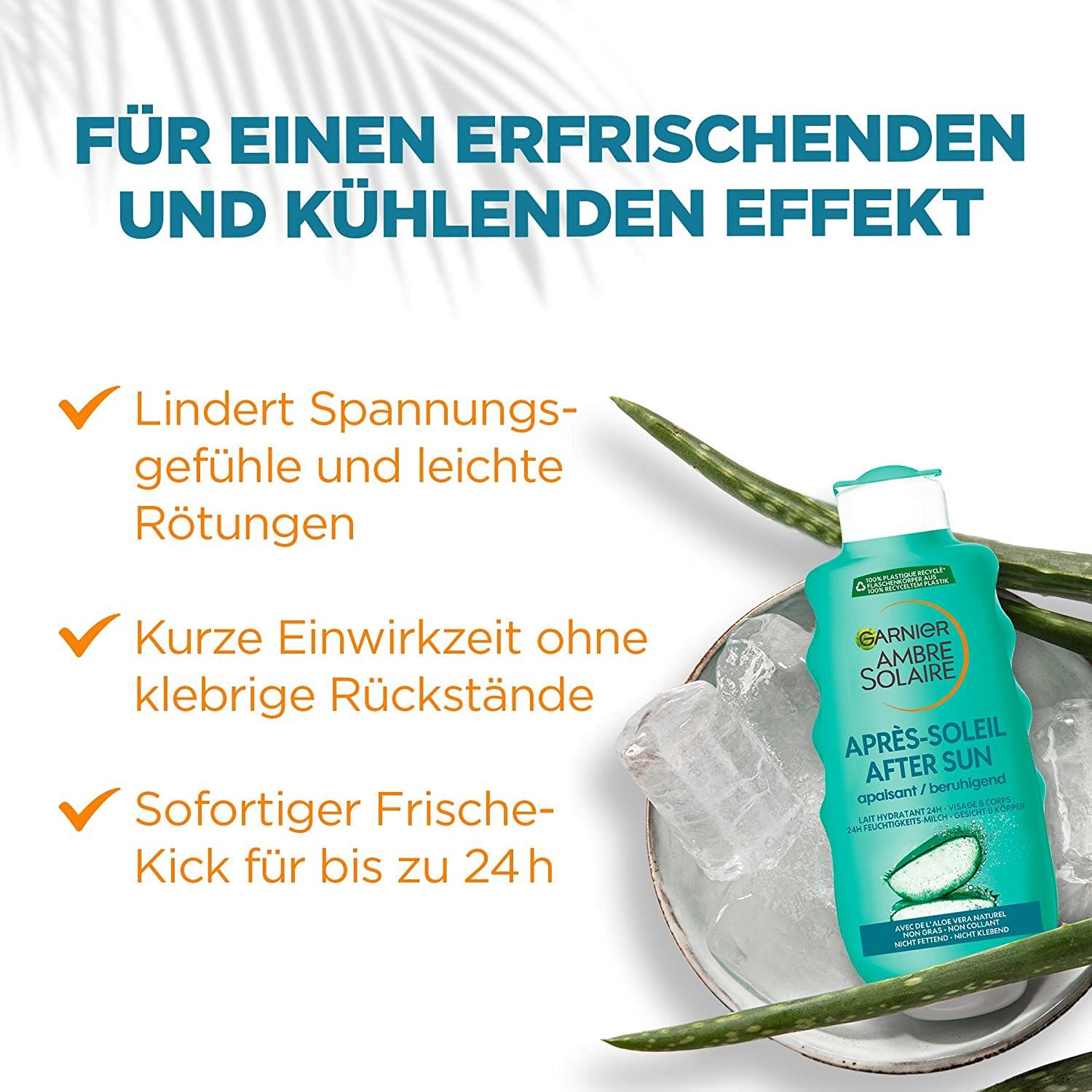 Garnier Après-Soleil After Sun Flasche auf Eis. Text: Für einen erfrischenden und kühlenden Effekt. 3 Vorteile: lindert, kurze Einwirkzeit, Frischekick.