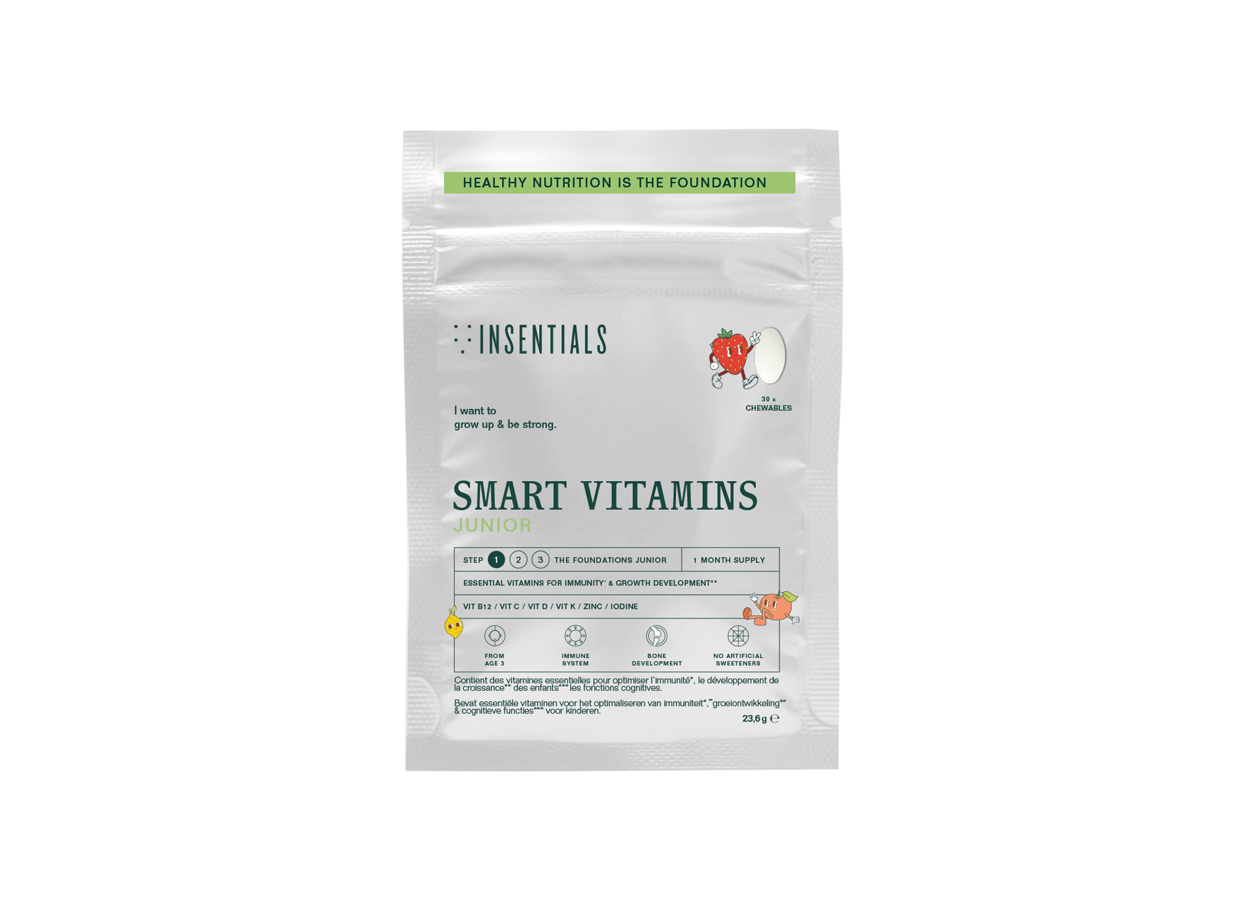 Beutel mit der Aufschrift Insentials Smart Vitamins. Enthält eine Abbildung einer Erdbeere und eines Eis. Text: Healthy Nutrition is the foundation.