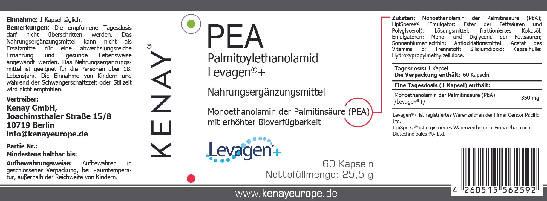 Etikett mit Produktinformationen. Produktname PEA Levagen+, KENAY-Logo, 60 Kapseln. Text in Deutsch.