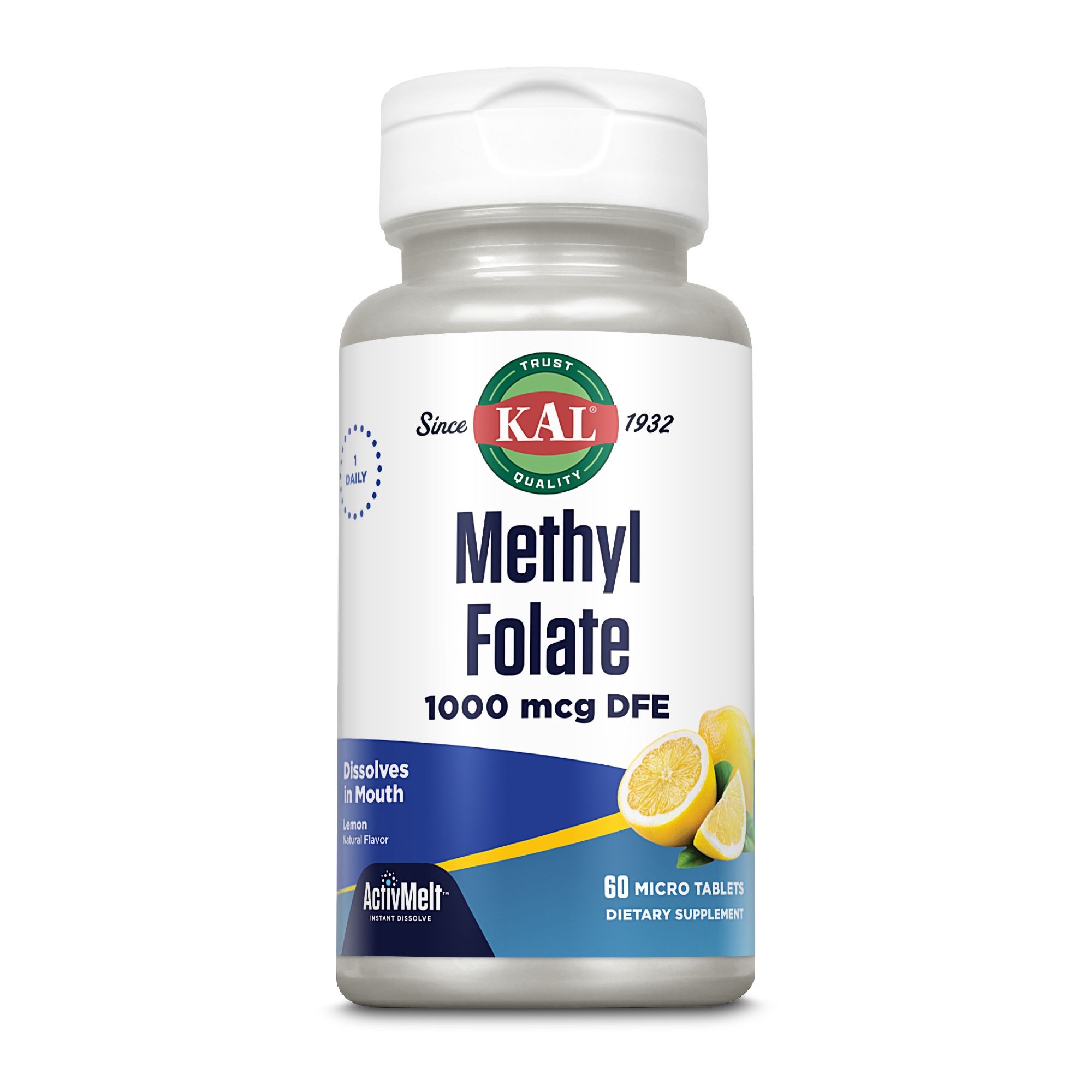 Flasche KAL Methyl Folat 1000 mcg DFE. 60 Tabletten. Zitrone. ActivMelt.
