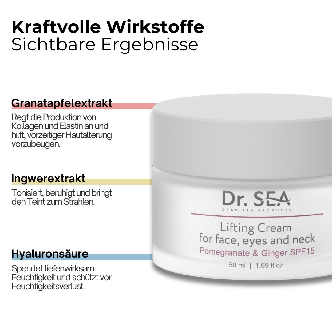 Creme-Tiegel mit Text. Aufschrift: Dr. SEA, Lifting Cream, für Gesicht, Augen und Hals. Granatapfel & Ingwer SPF15.
