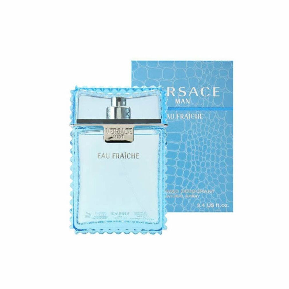 Hellblaues Deodorant-Spray und Schachtel. Aufschrift: Versace Man Eau Fraiche. Schachtel mit Krokodilmuster.