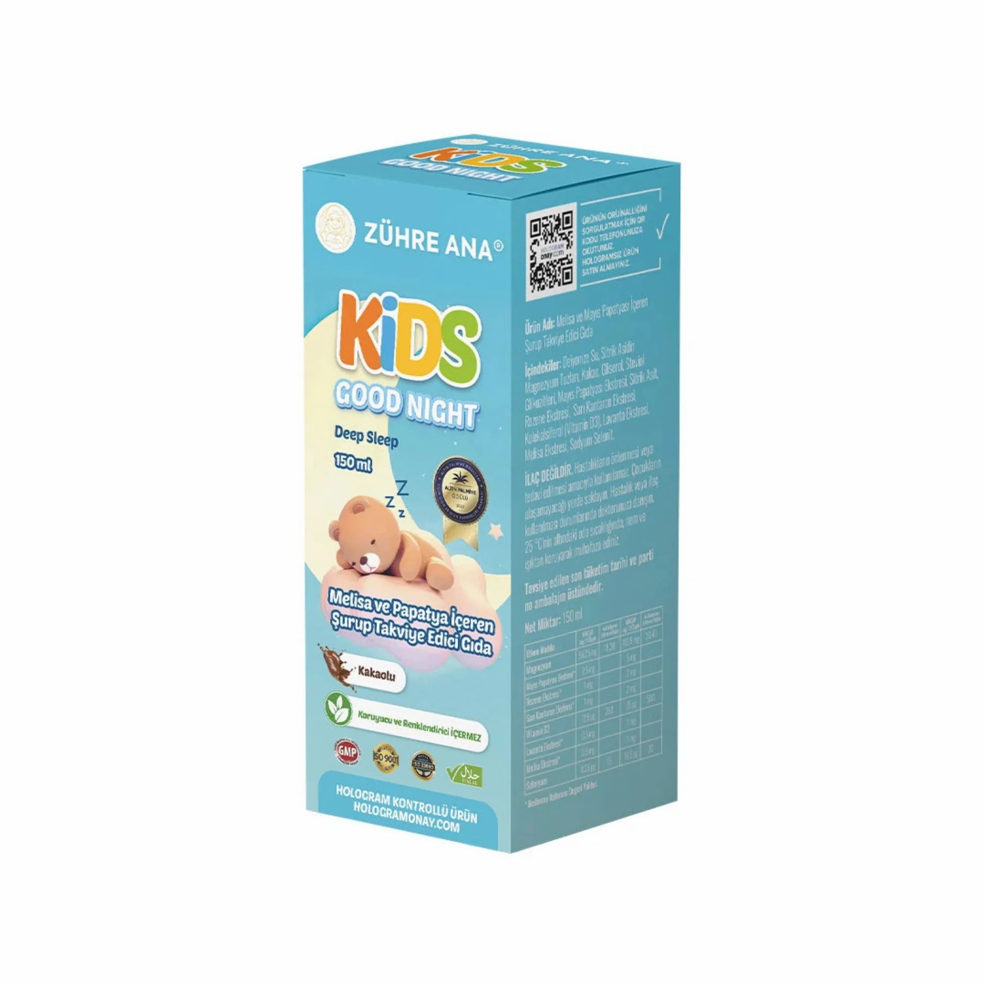 Türkisfarbene Schachtel mit Produktaufdruck. Aufschrift: Kids Good Night, Logo, schlafender Teddybär. Text in Türkisch.