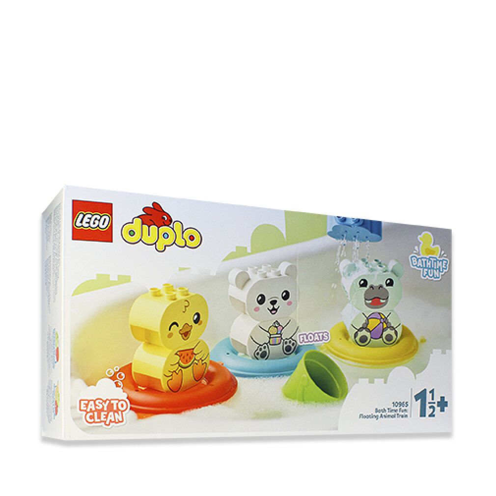 LEGO Duplo Badespaß-Set mit drei Tierfiguren auf Schwimmringen. Verpackung mit Produktnamen und Altersempfehlung.