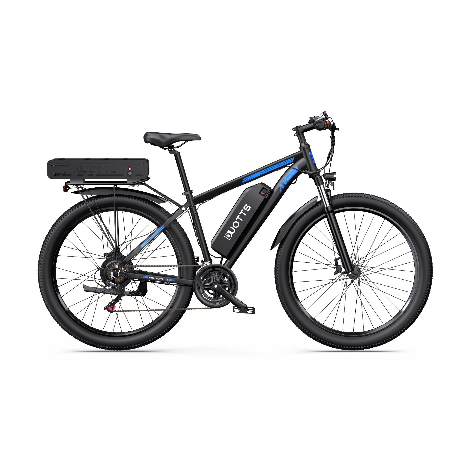 Schwarzes E-Bike mit blauen Akzenten. Sichtbar: DUOTTS-Logo, Dual-Akku, 21-Gang Shimano. Auf weißem Hintergrund.