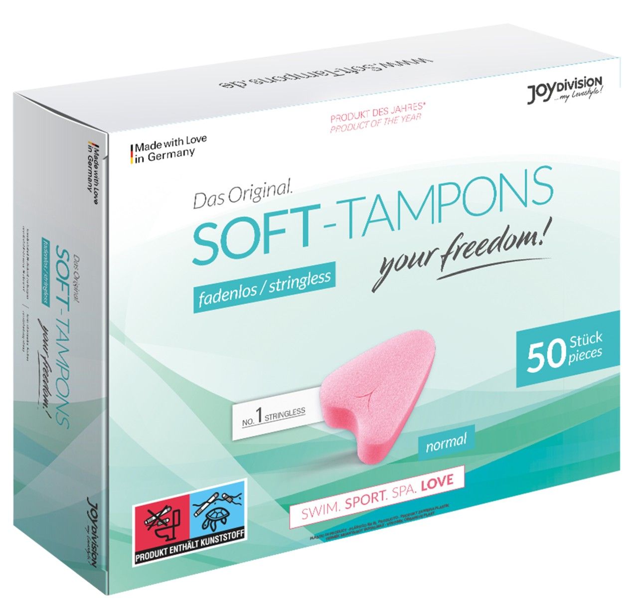 Verpackung mit Produktnamen und Logo. 50 Stück. Rosa Tampon in der Verpackung abgebildet. Text: fadenlos/stringless, normal.