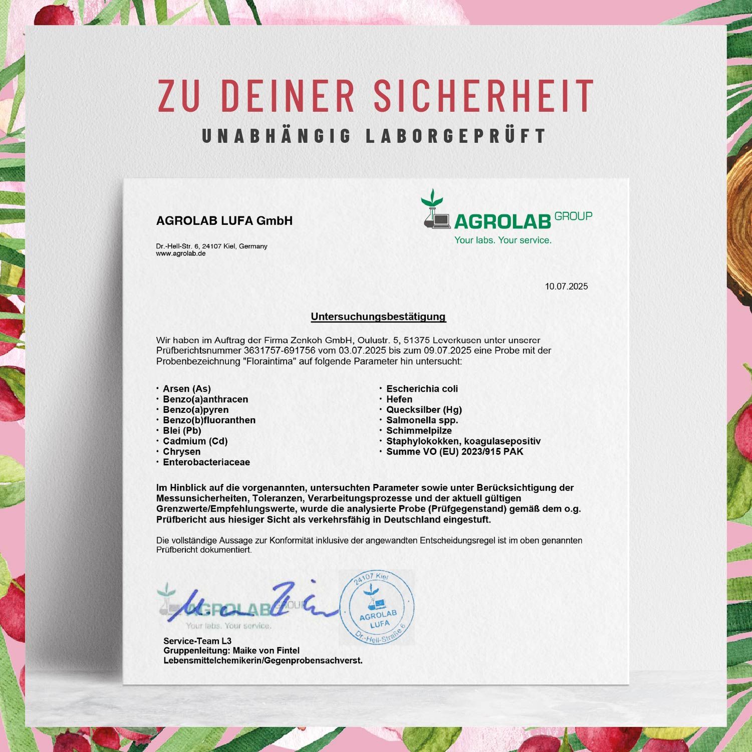 Laborzertifikat von Agrolab LUFA GmbH. Untersuchungsergebnisse für Flora Intima. Unabhängig geprüft.