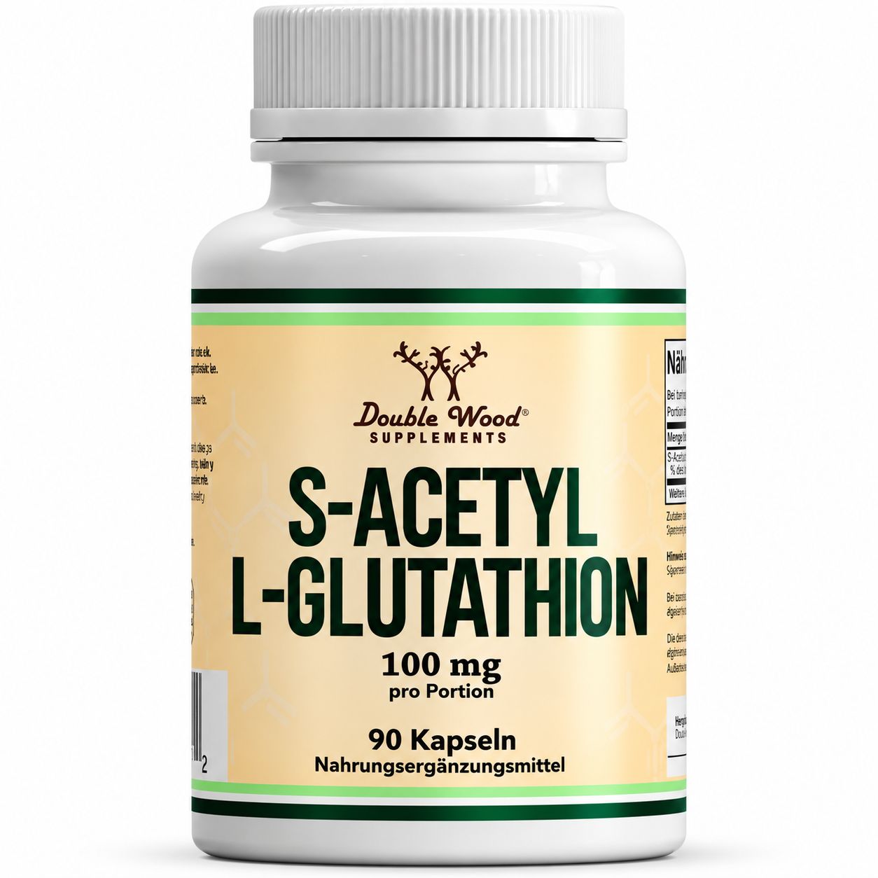 Flasche mit Double Wood Supplements S-Acetyl L-Glutathion, 90 Kapseln.