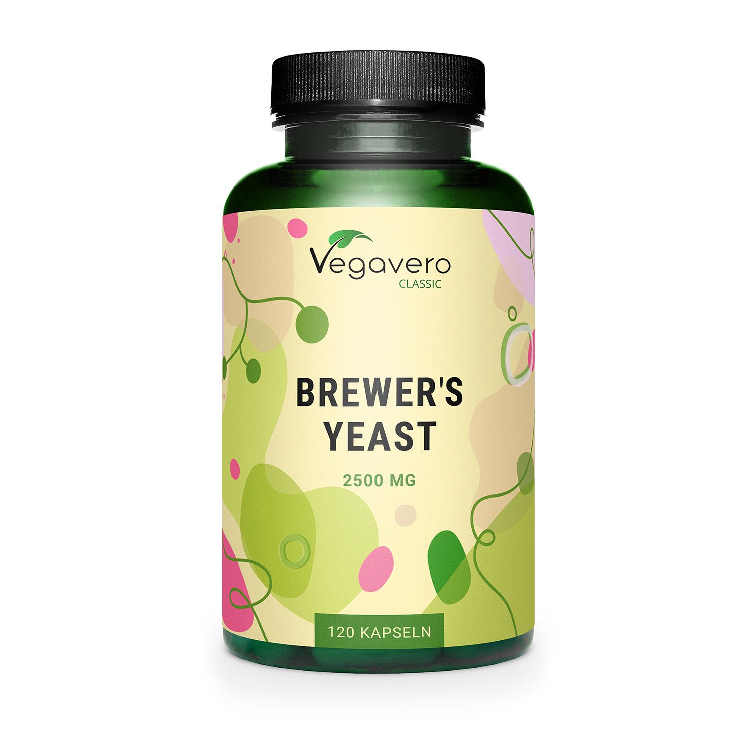 Grüne Flasche mit schwarzen Deckel. Aufschrift: BREWER'S YEAST 2500 MG. 120 Kapseln. Marke: Vegavero.