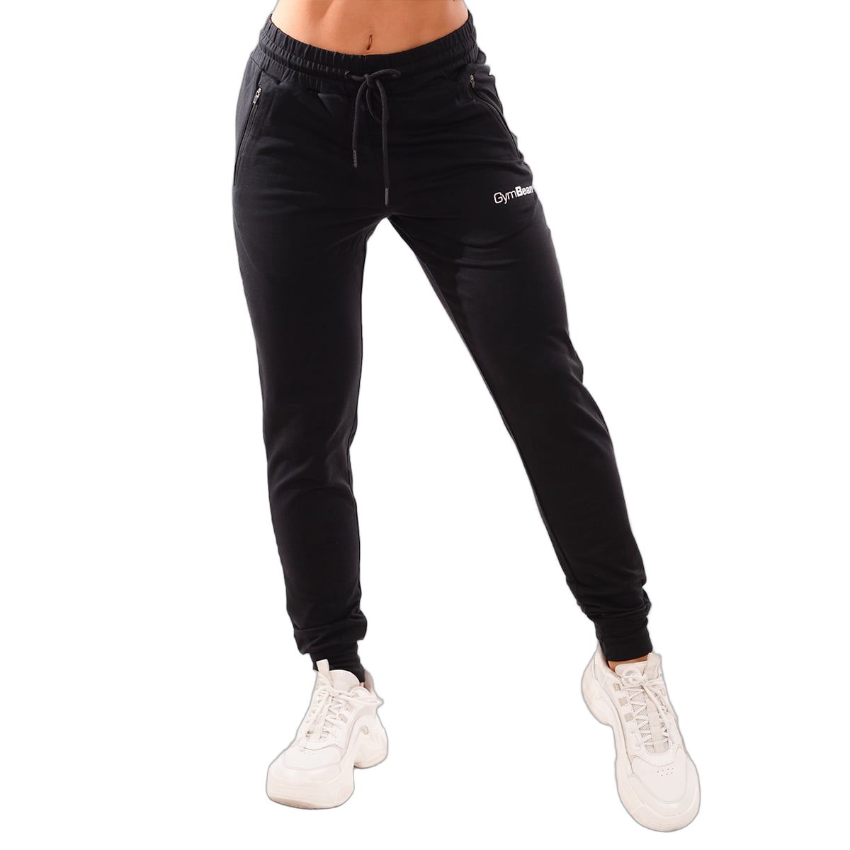Schwarze Damen-Jogginghose mit Kordelzug, Reißverschlusstaschen und GymBeam-Logo.