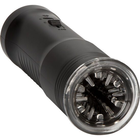 Schwarzes, zylindrisches Gerät mit transparentem Kopf. Einstellbarer Schalter. Sichtbare Innenstruktur.