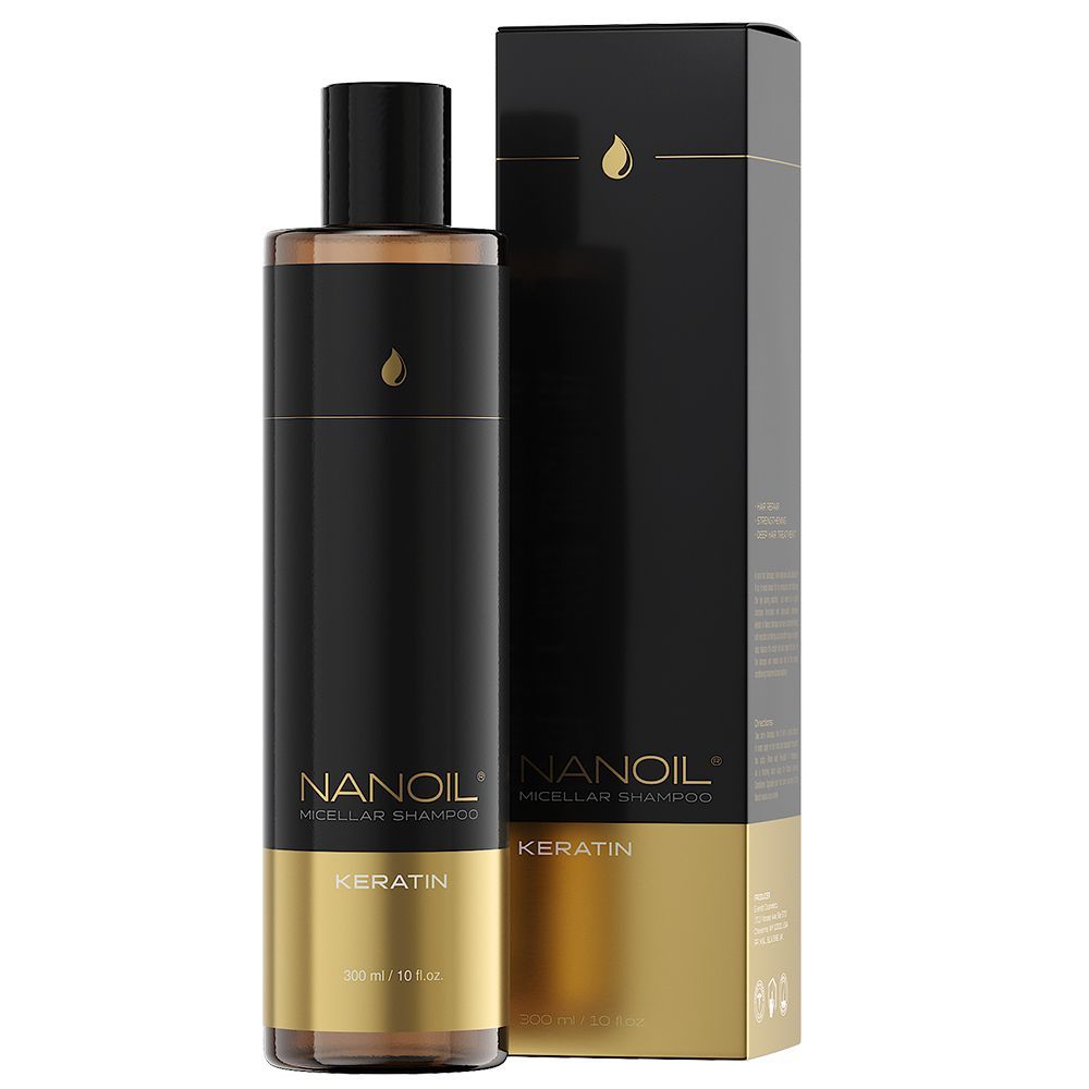 Schwarze Flasche mit goldenem Band, Nanoil Micellar Shampoo Keratin, 300 ml. Daneben schwarze Box.