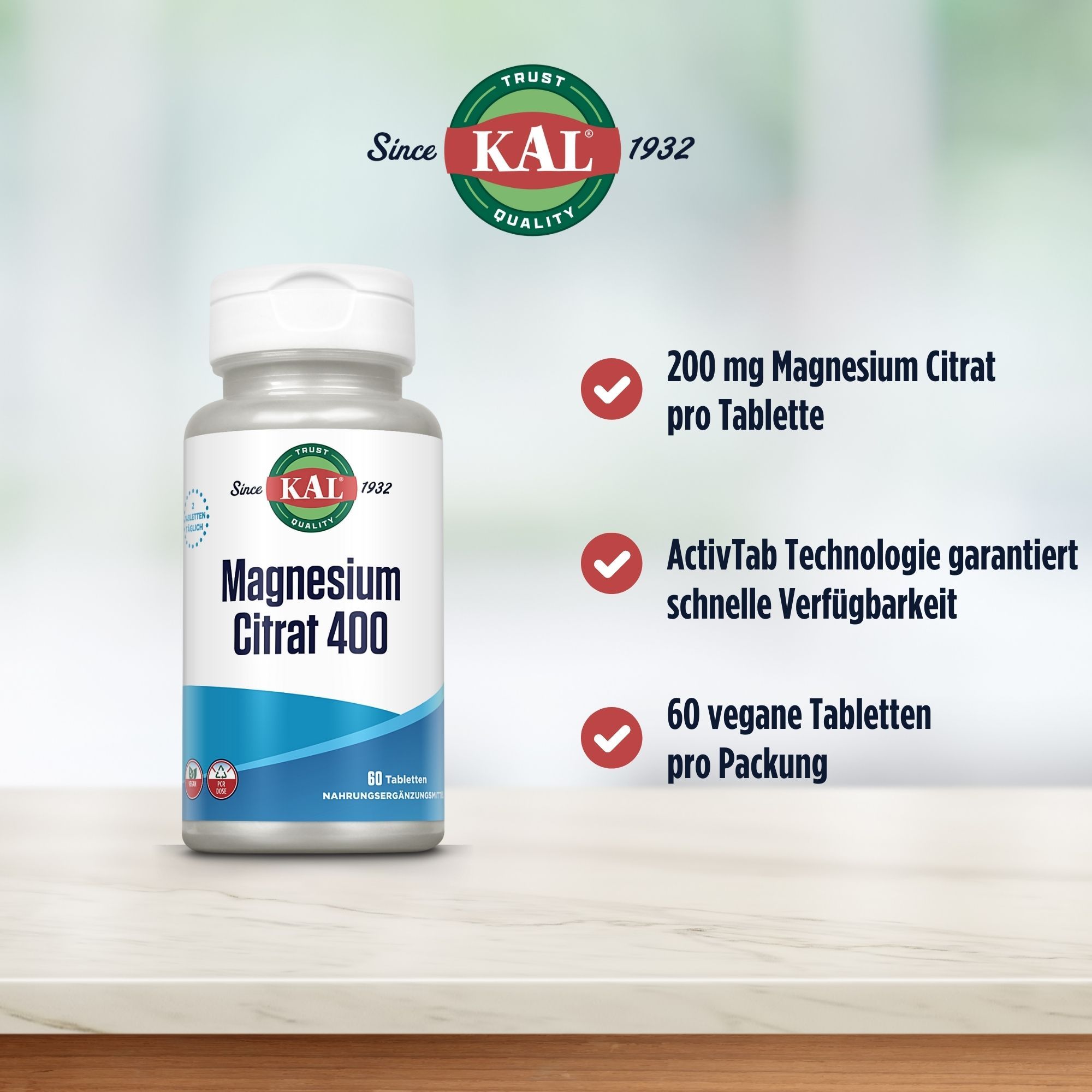 Eine Flasche KAL Magnesium Citrat 400 mg. Text: 200 mg Magnesium Citrat pro Tablette, 60 Tabletten.