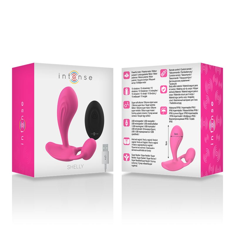 Verpackung von Intense Shelly. Rosa Vibrator, schwarze Fernbedienung, USB-Kabel. Auf der Verpackung steht Shelly.
