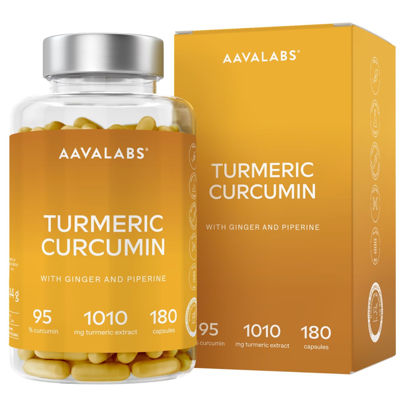 Flasche und Karton mit Kurkuma-Kapseln. Enthält 95 mg Curcumin, 1010 mg Kurkuma-Extrakt, 180 Kapseln.