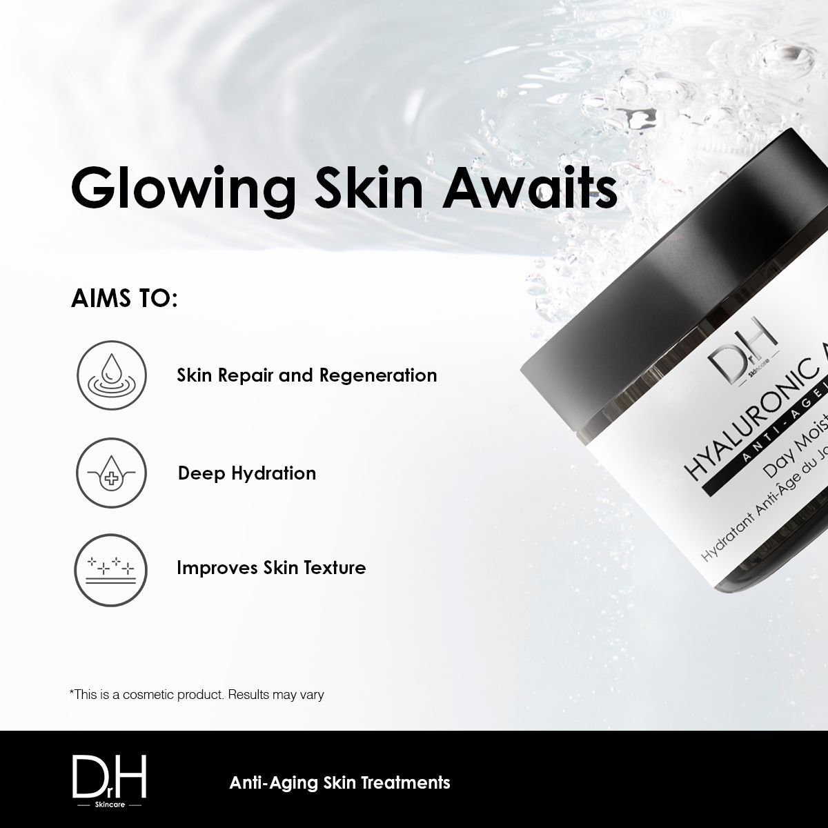 Creme-Tiegel mit Aufschrift: Hyaluronsäure Anti-Aging Day Moisturiser. Ziele: Hauterneuerung, tiefe Hydratation, Verbesserung der Hautstruktur.