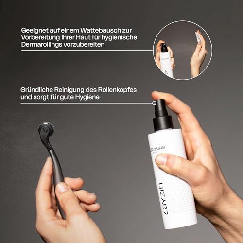 Hände halten Dermaroller und Reinigungs-Spray. Text: Geeignet zur Vorbereitung der Haut. Gründliche Reinigung des Rollkopfs.