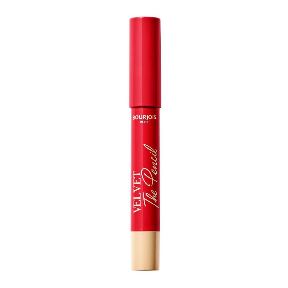 Roter Bourjois Velvet The Pencil Lippenstift. Mit roter Kappe und Schriftzug. Unterteil in Hautfarbe.