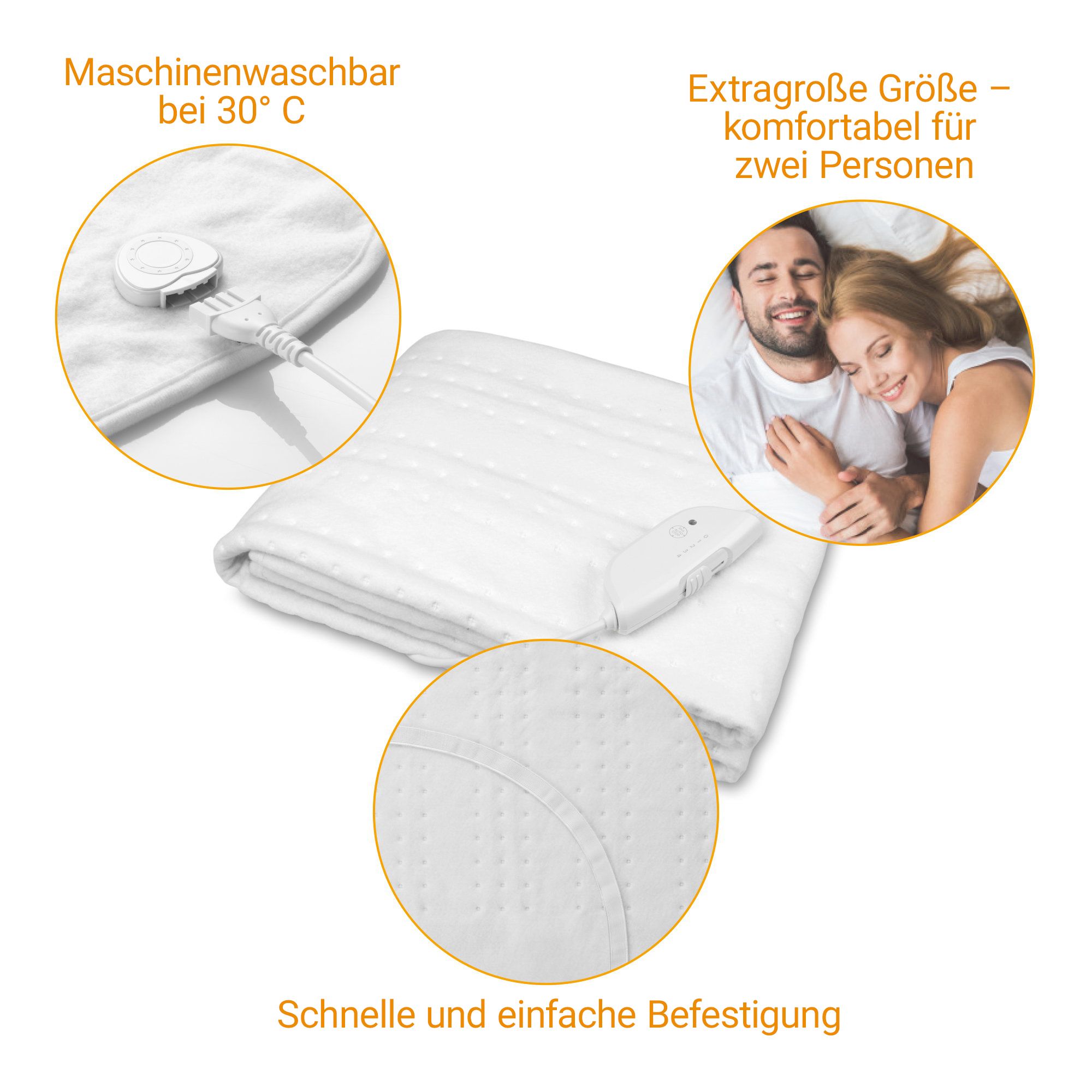 Weiße Heizdecke: maschinenwaschbar, schnell befestigbar, komfortabel für zwei.