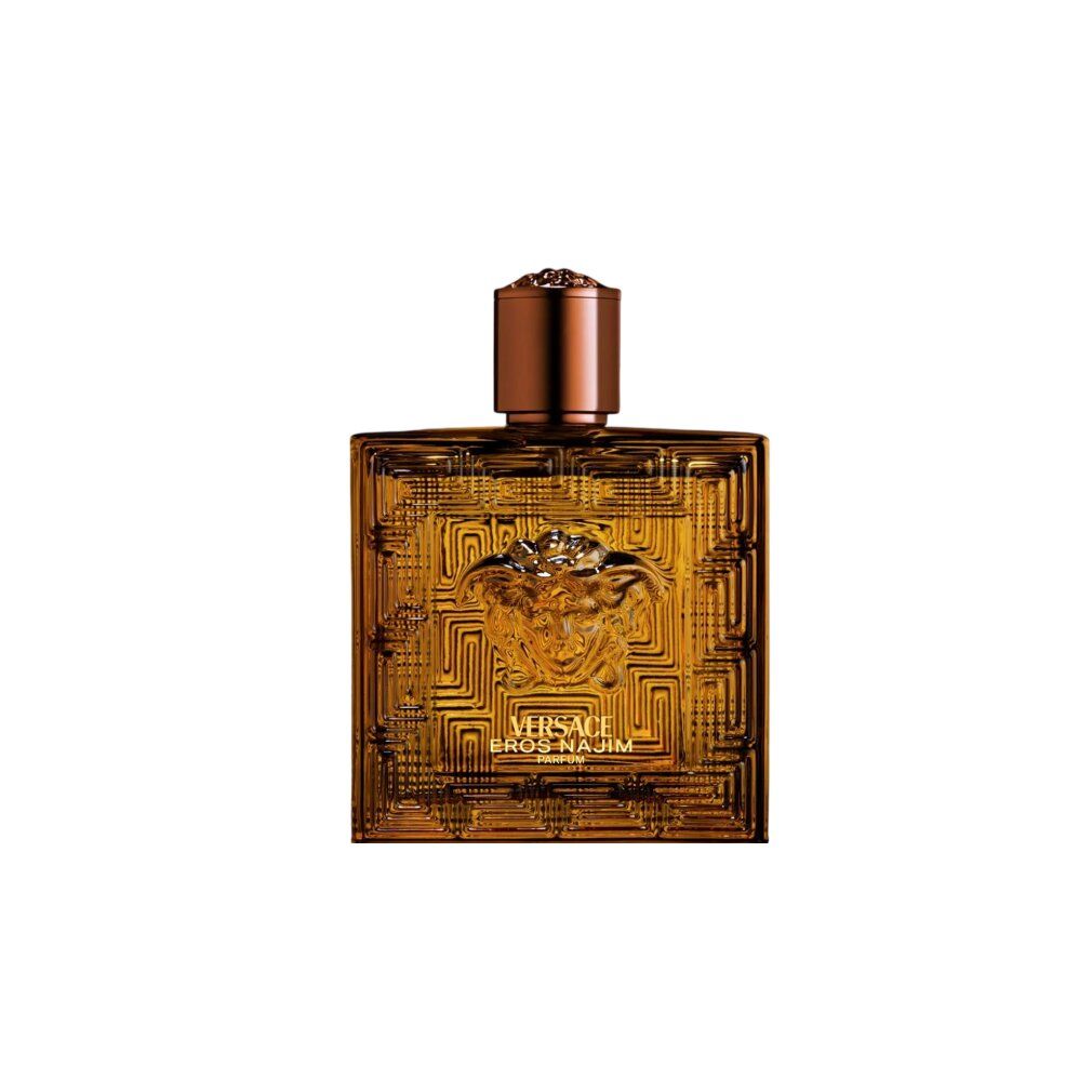 Versace Eros Najim Parfum Flakon mit Medusa-Kopf und geometrischem Muster.