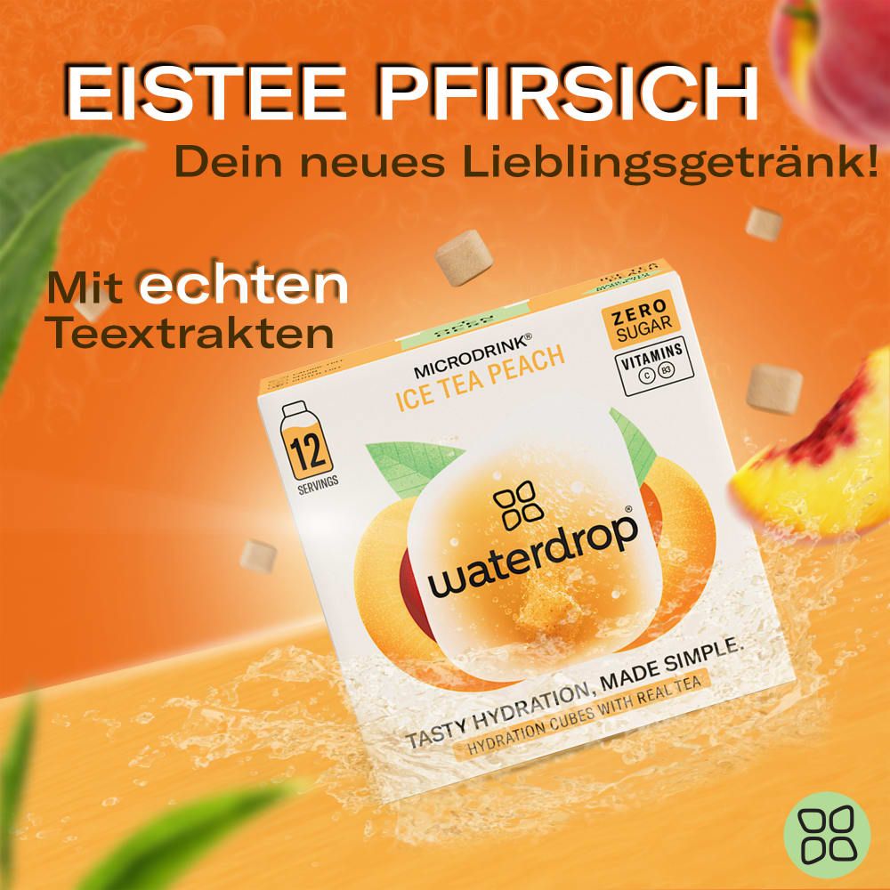 Packung waterdrop® Microdrink Ice Tea Peach mit 12 Portionen, null Zucker, mit echten Teextrakten.