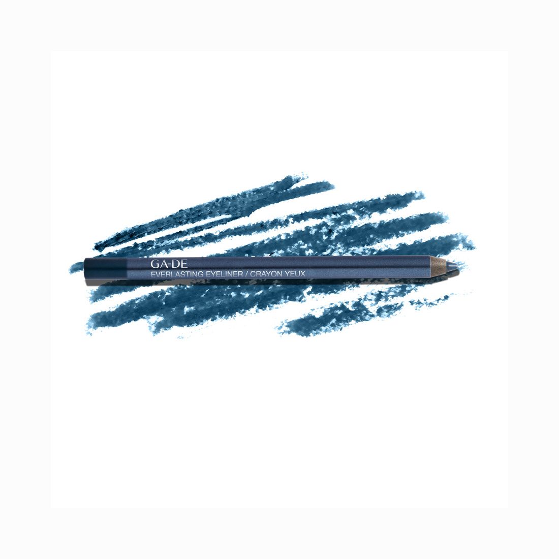 Blauer Kajalstift auf blauen Strichen. Aufschrift: GA-DE Everlasting Eyeliner / Crayon Yeux.
