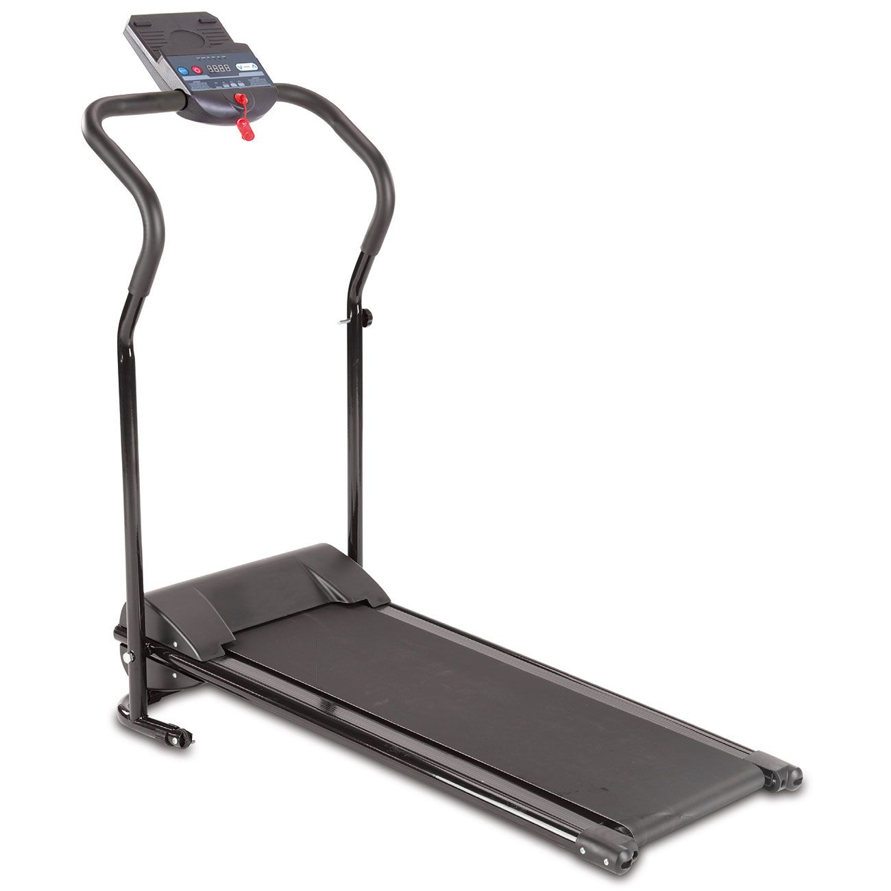 Laufband mit schwarzem Rahmen und Lauffläche. Konsole mit Display und roten Bedienelementen. Aufrechtes Design.
