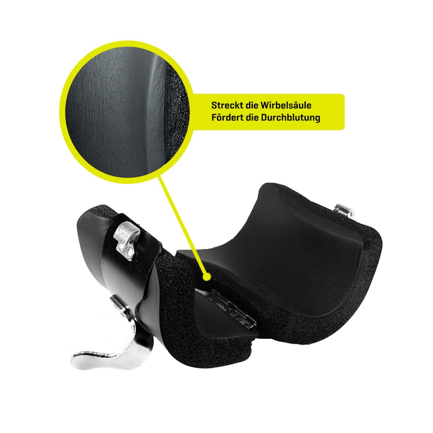 Detailansicht eines schwarzen Gravity Boots mit Text: Streckt die Wirbelsäule, fördert die Durchblutung.