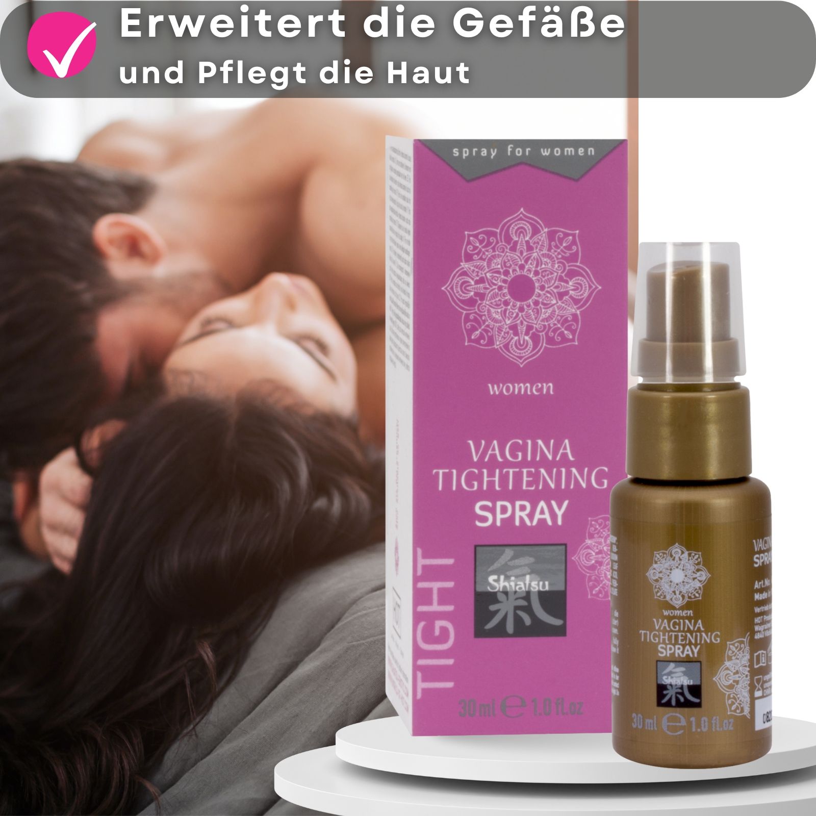 Goldfarbene Sprühflasche und Verpackung. Text: Vagina Tightening Spray. 30ml. Mit Paar.