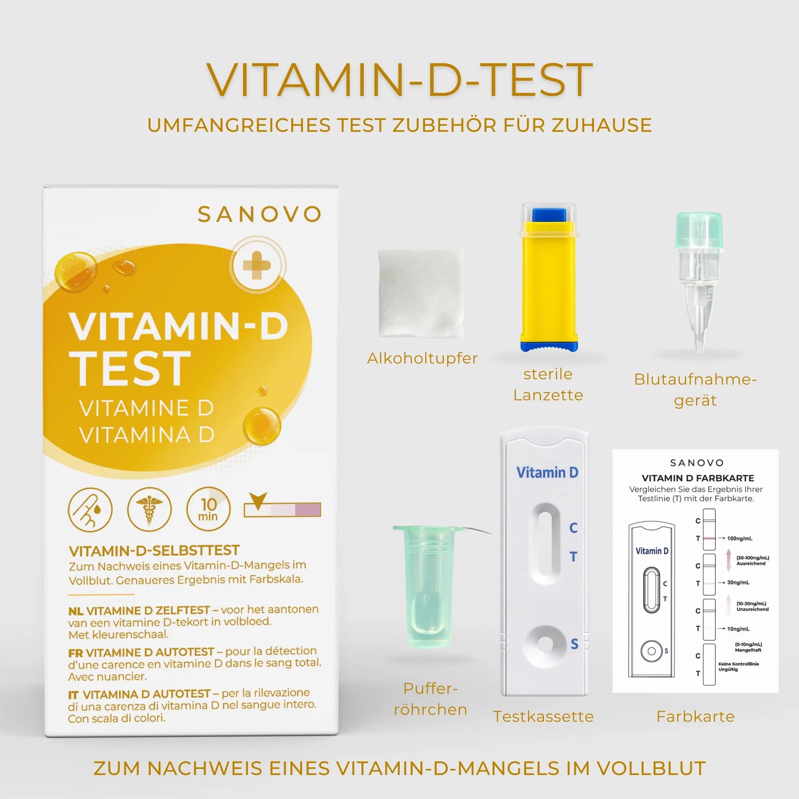 Vitamin-D-Test-Kit mit Zubehör: Alkoholtupfer, sterile Lanzette, Blutentnahmegerät, Pufferöhrchen, Testkassette und Farbmatrix.