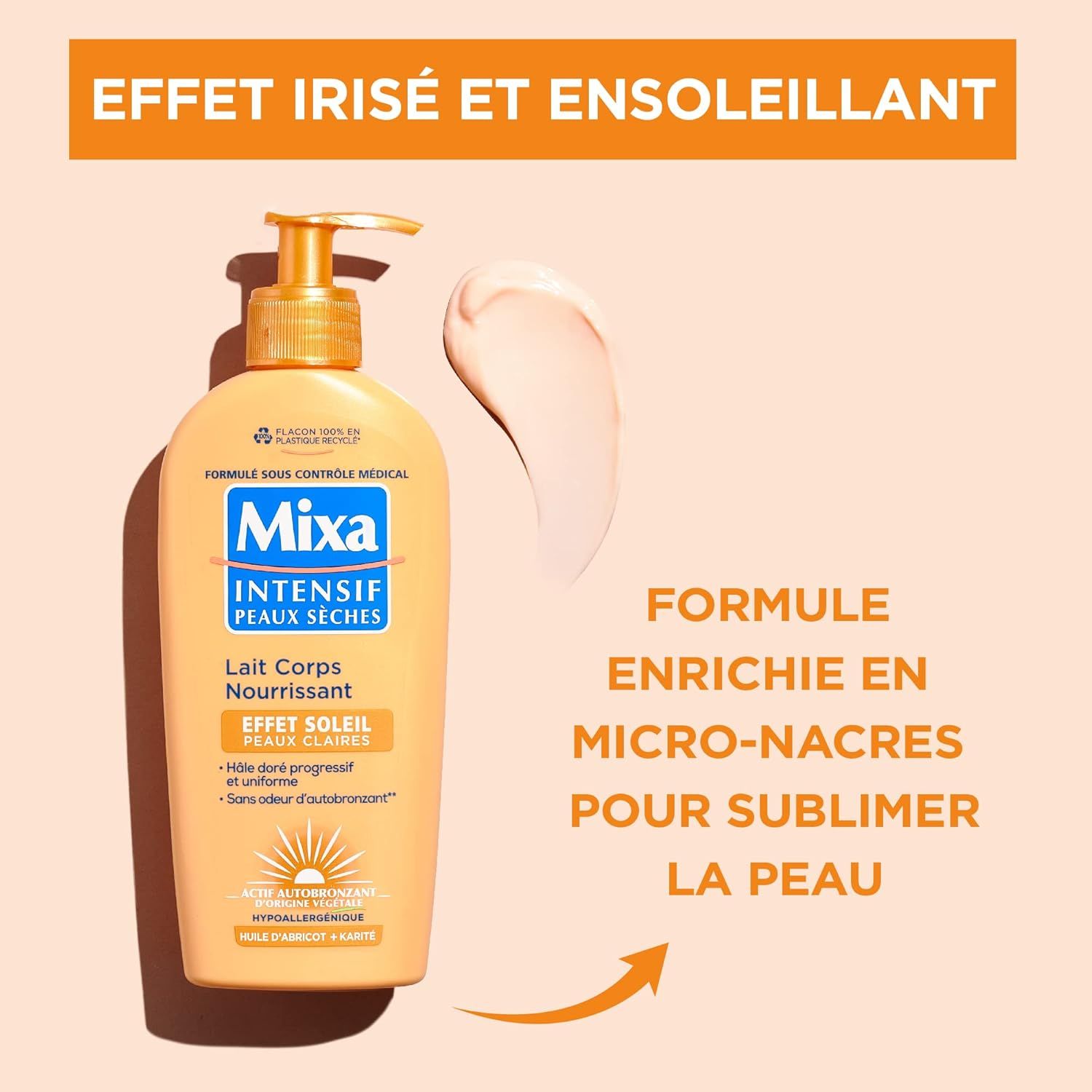 Produktflasche mit Pumpe und Creme. Text: Mixa Intensiv, Lait Corps Nourrissant, Effekt Sonne, helle Haut. Angereichert mit Mikro-Perlmutt.