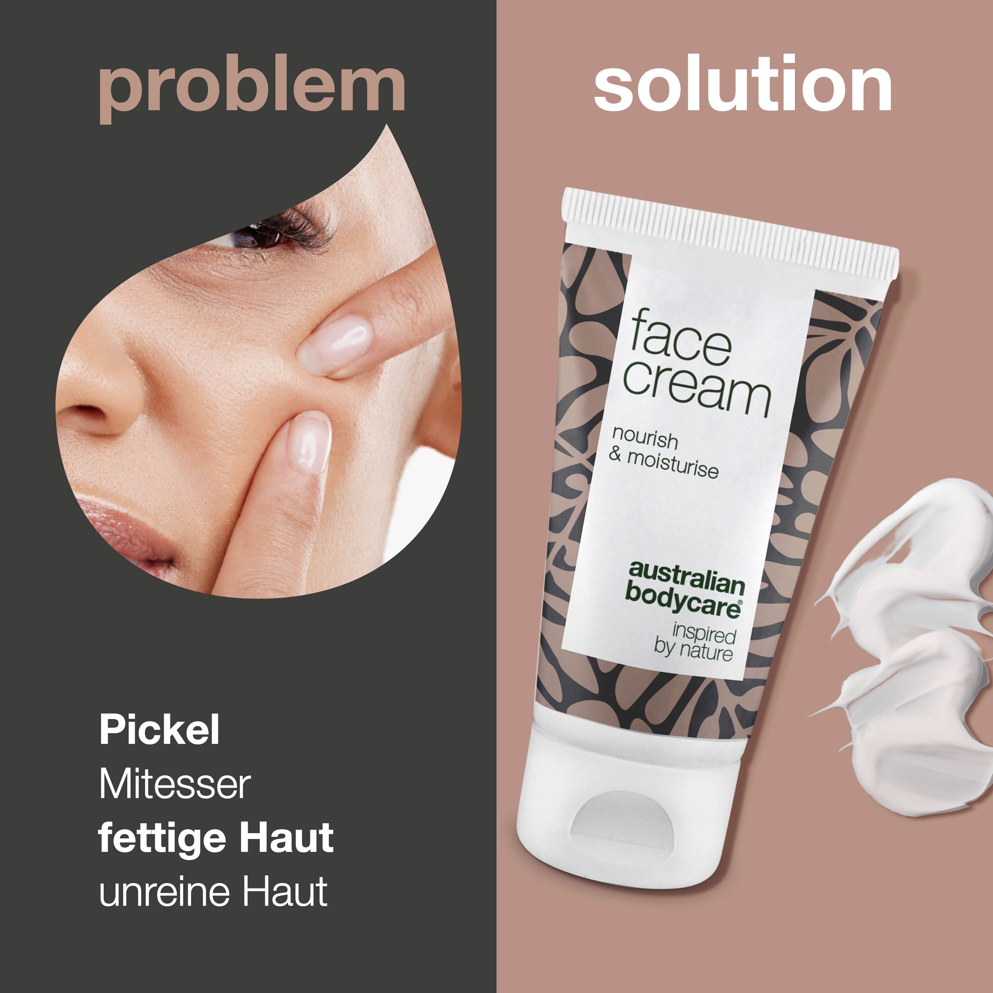 Gesichtspflege-Tube. Text: face cream, australian bodycare. Links: Gesicht mit Pickel. Rechts: Creme.