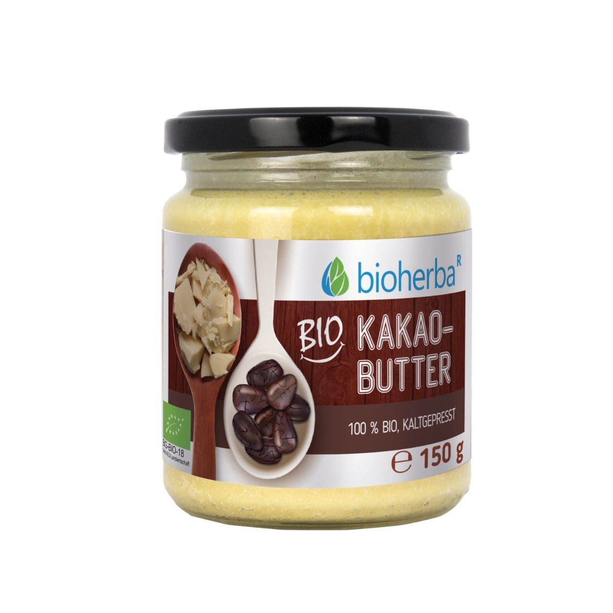 Bioherba Bio Kakaobutter in einem Glas mit schwarzem Deckel. Produktetikett mit Logo, Bezeichnung und Bio-Siegel. 150g.